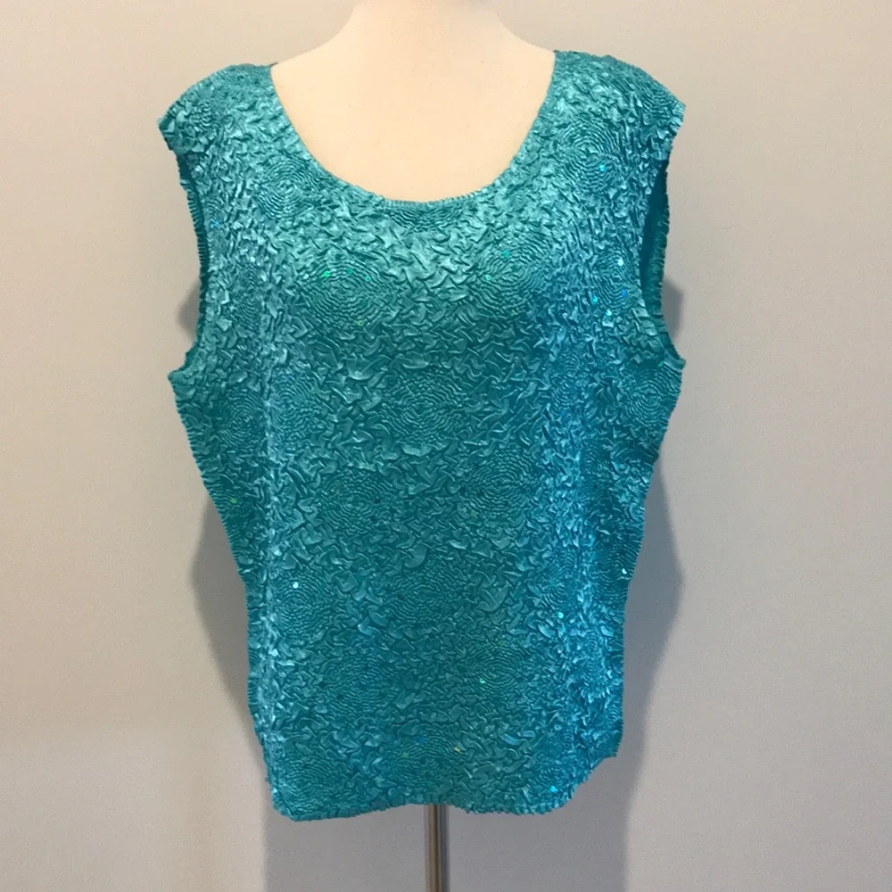 Sleeveless Teal Sequin Tank Top with Matching Button Down Blouse - Picture 7 of 17
